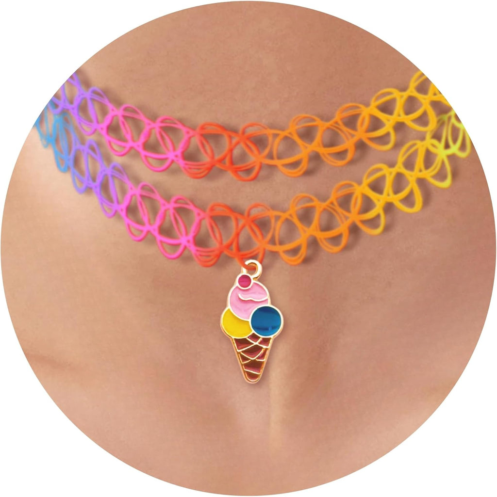 BodyJ4You 2PC Tattoo Choker Necklace - 90s Choker Necklace Women - 2000s Y2K Black Chokers Rainbow Choker - Butterfly Ying Yang Unicorn Rainbow Charms - Stretchy Elastic Necklace