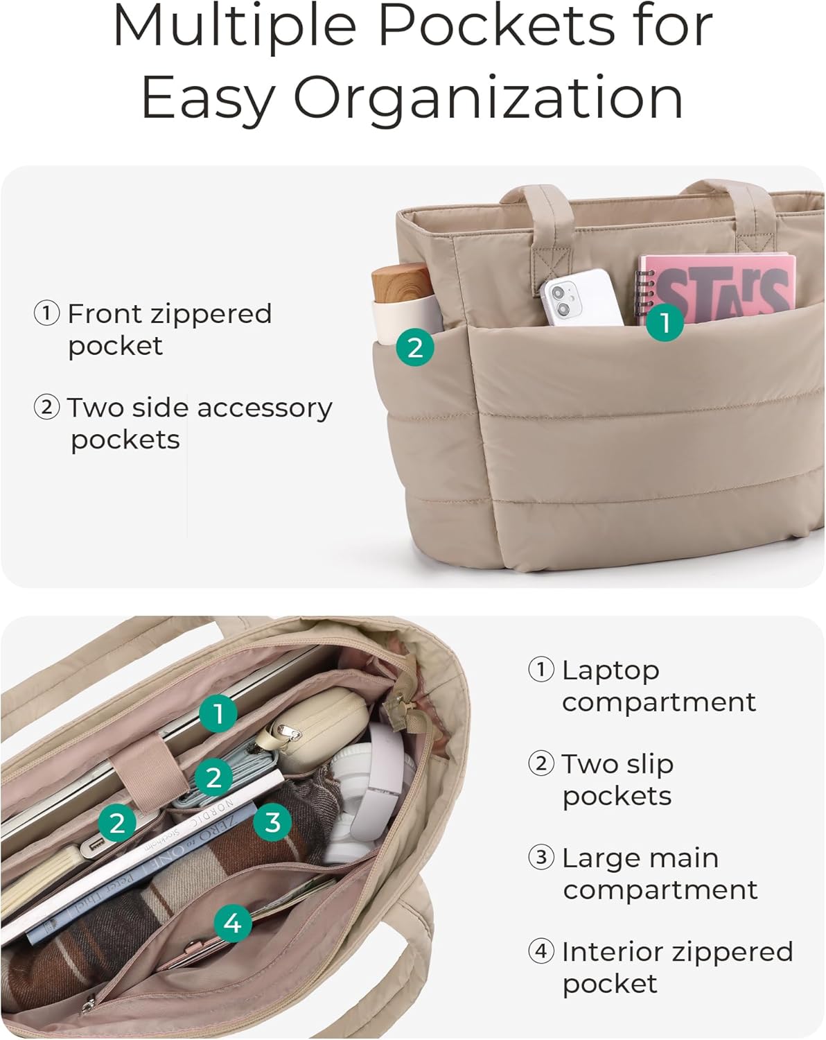 BAGSMART Tote Bag for Women, Lightweight Puffy Tote Bag with Compartments Shoulder Bag Handbag for Travel, Work, Gym