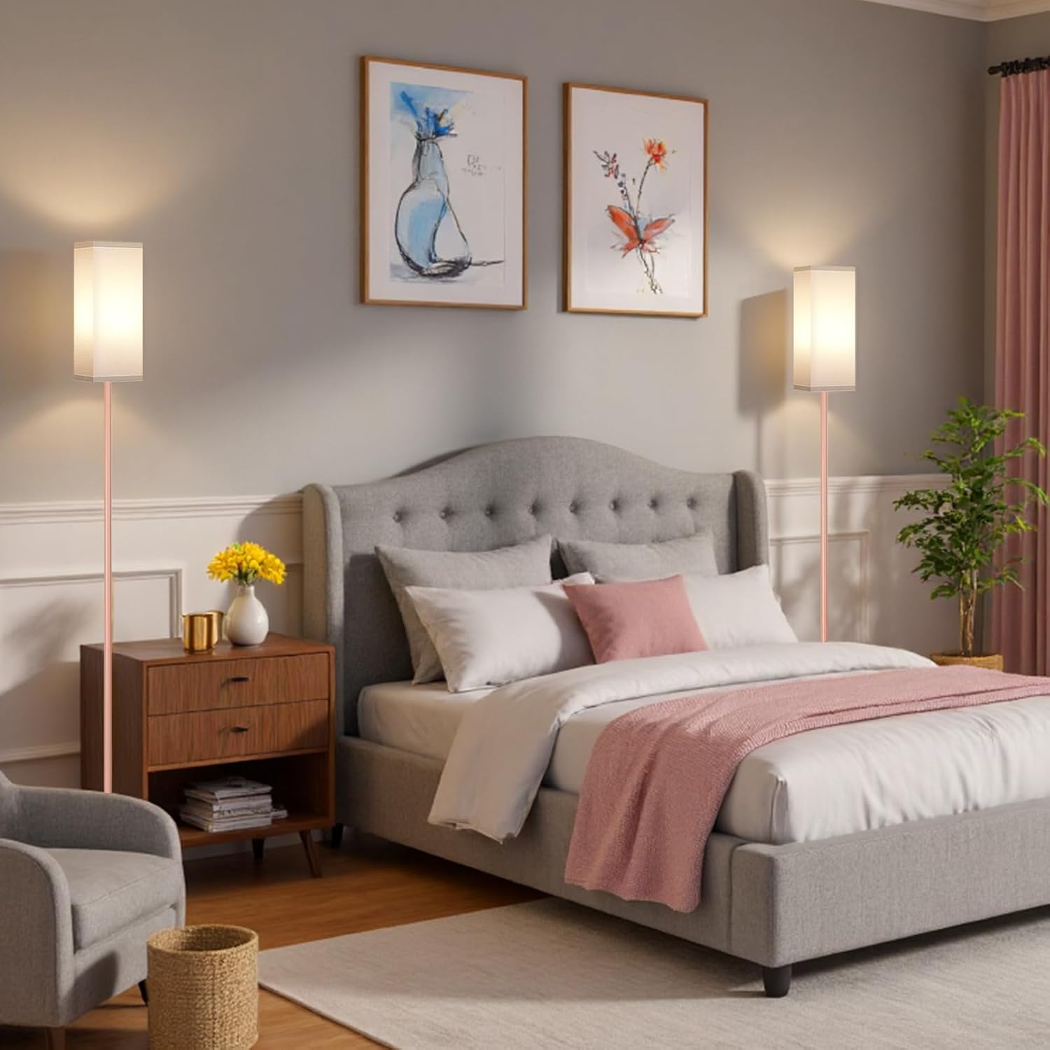 64.6" Floor Lamp, Pole with Foot Switch, Modern Standing Lamp Lampshade, Minimalist Freestanding Lamp (Bulb Not Included), for Living Room, Bedroom Office ETL Listed, Black and Beige E07LD05