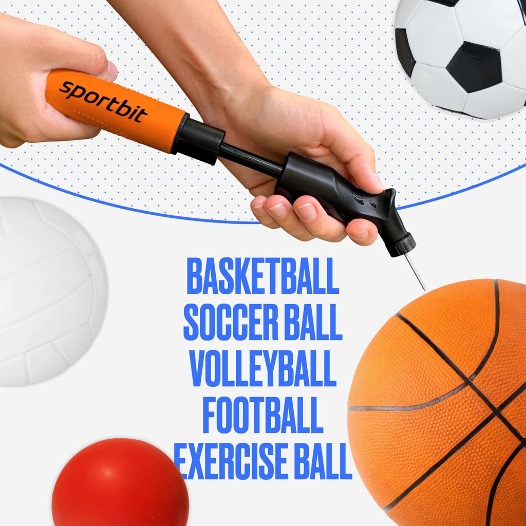SPORTBIT Ball Pump for Sports Balls - Push & Pull Inflating System - Hand Pump for All Exercise Balls - Volleyball Pump, Basketball Inflator, Football & Soccer Ball Air Pump - Goes with 5 Needles Set