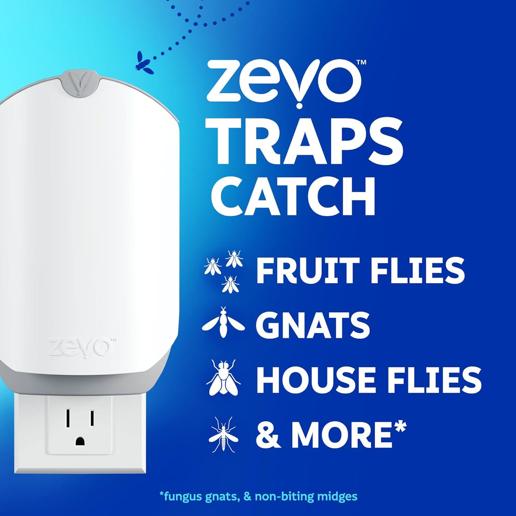 Zevo MAX Bug Catcher & Fly Trap for Indoors - Flying Insect Trap for Gnats, House & Fruit Flies - Use in Any Room - No-Mess Disposal (1 Plug in Base & 2 Cartridges)