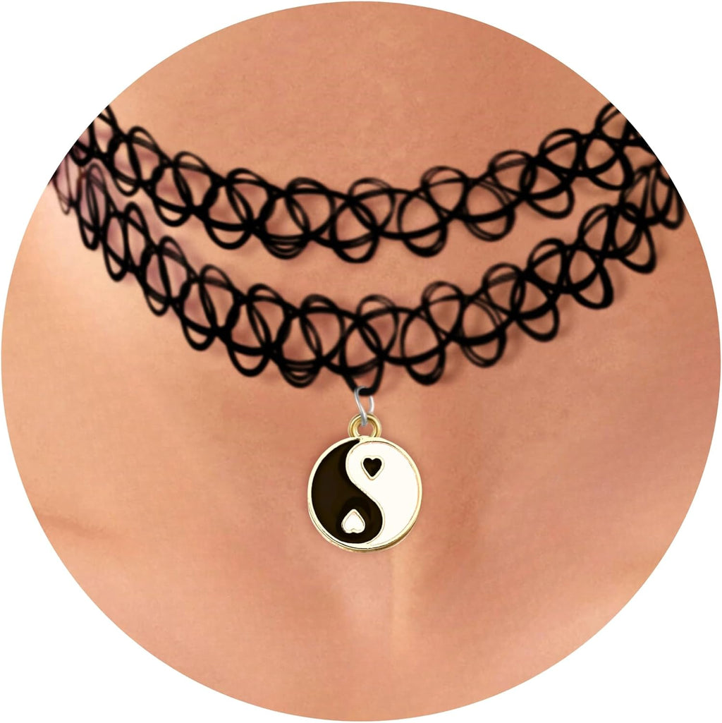 BodyJ4You 2PC Tattoo Choker Necklace - 90s Choker Necklace Women - 2000s Y2K Black Chokers Rainbow Choker - Butterfly Ying Yang Unicorn Rainbow Charms - Stretchy Elastic Necklace