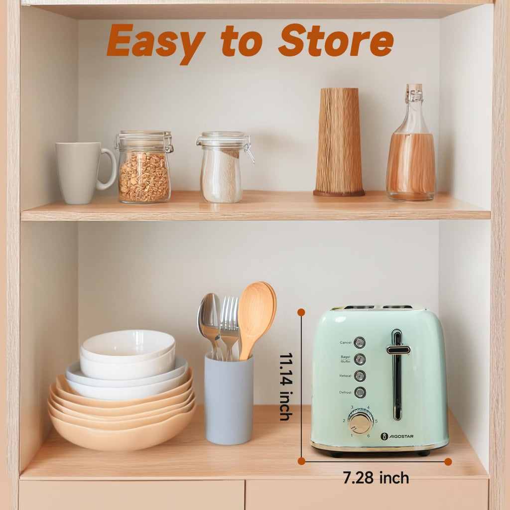 Aigostar Toaster 2 Slice, Retro Extra-Wide Slot Toasters Best Rated Prime for Toasting Bagels, Breads, Waffles & More, Cancel, Defrost & 6 Browning, Removable Crumb Tray, Stainless Steel, Cream White