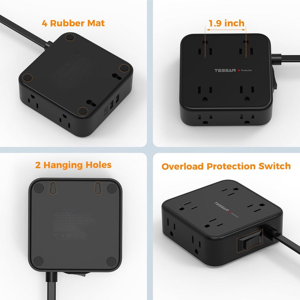 TESSAN Surge Protector Power Strip, 5 Ft Flat Plug Extension Cord with 3 USB (1 USB C) 8 Outlets, 900J Surge Protection, 3 Sided Outlet Extender with Power Switch for Office, Dorm Room Essentials