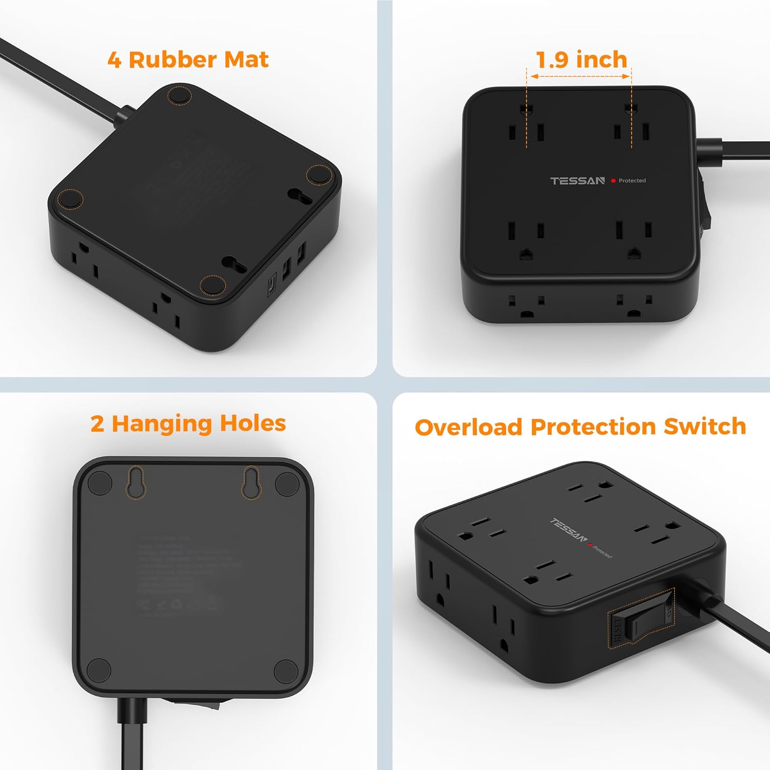 TESSAN Surge Protector Power Strip, 5 Ft Flat Plug Extension Cord with 3 USB (1 USB C) 8 Outlets, 900J Surge Protection, 3 Sided Outlet Extender with Power Switch for Office, Dorm Room Essentials