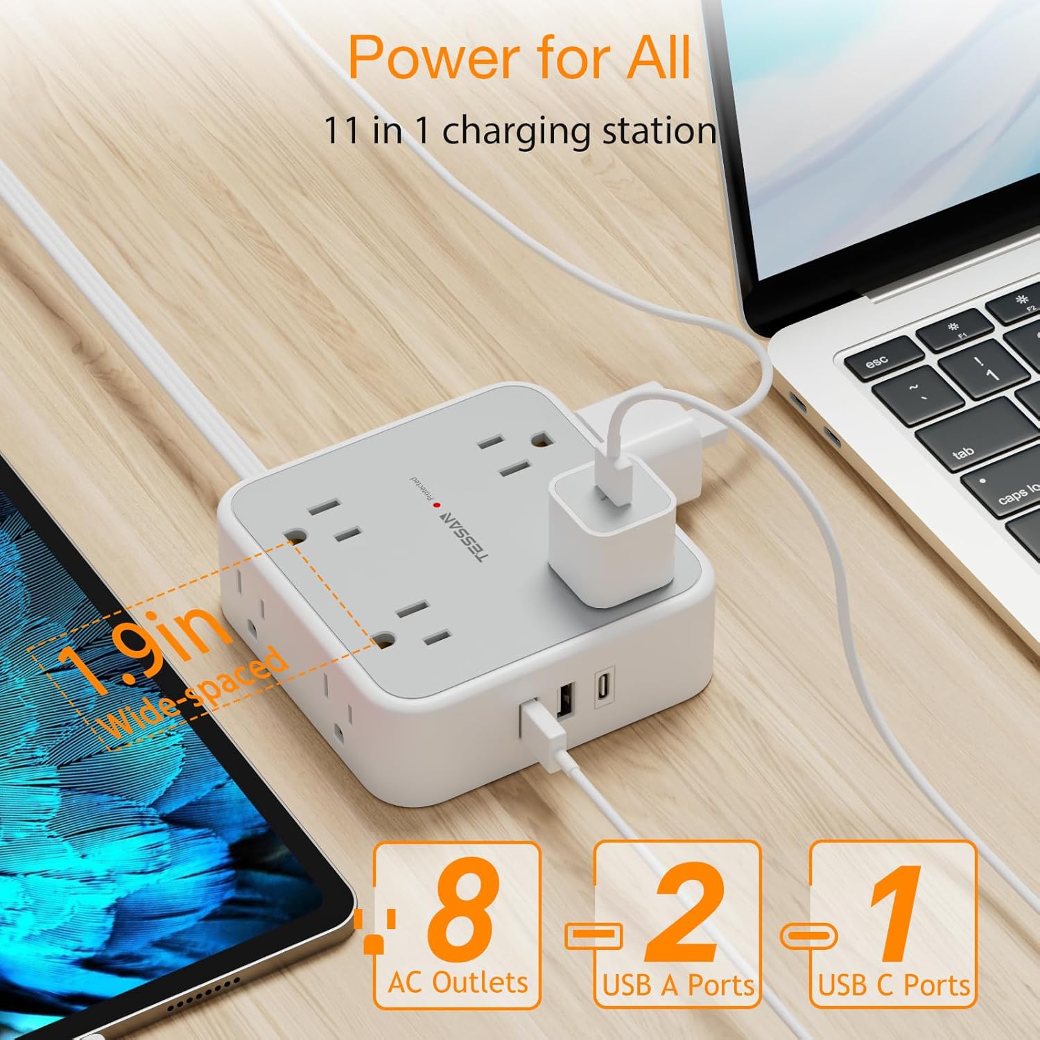 TESSAN Surge Protector Power Strip, 5 Ft Flat Plug Extension Cord with 3 USB (1 USB C) 8 Outlets, 900J Surge Protection, 3 Sided Outlet Extender with Power Switch for Office, Dorm Room Essentials