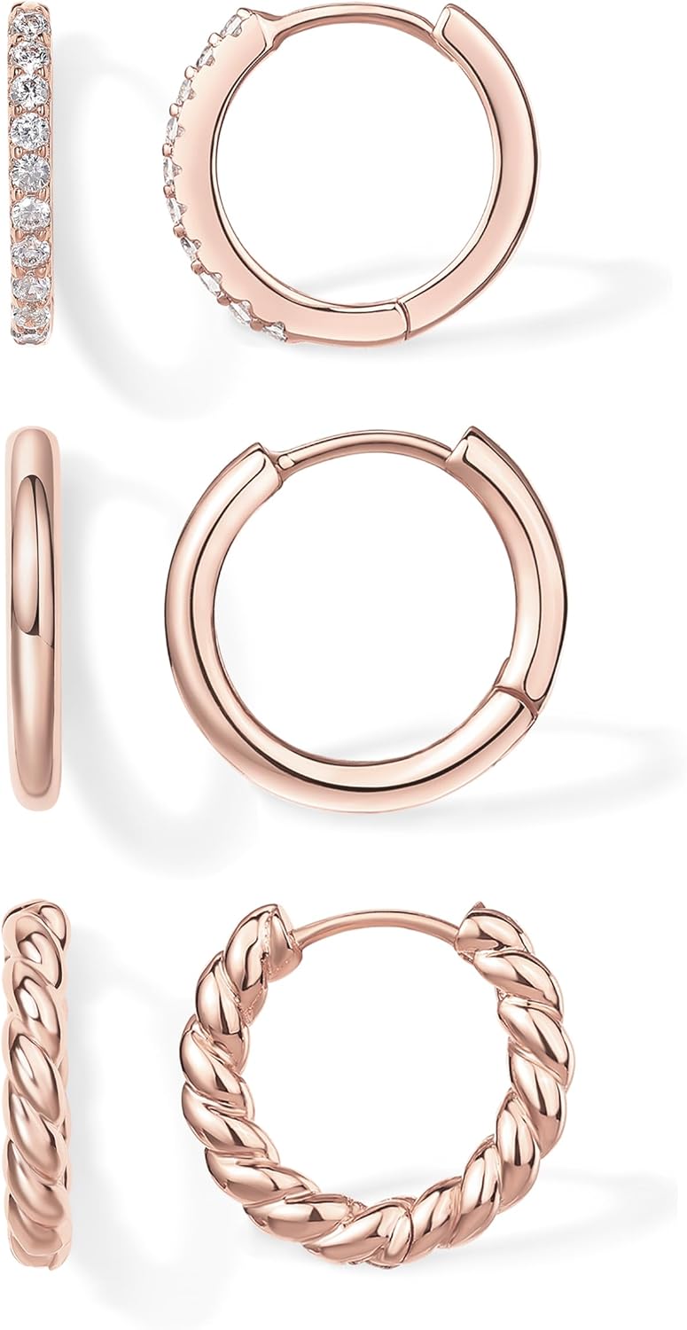 PAVOI 14K-18K Yellow Gold Plated 925 Sterling Silver Posts Three Pairs Small Hoop Earrings for Women - Statement Gold Hoop Earrings Set - Cubic Zirconia Rope Teardrop Chunky Huggie Earscape Piercings