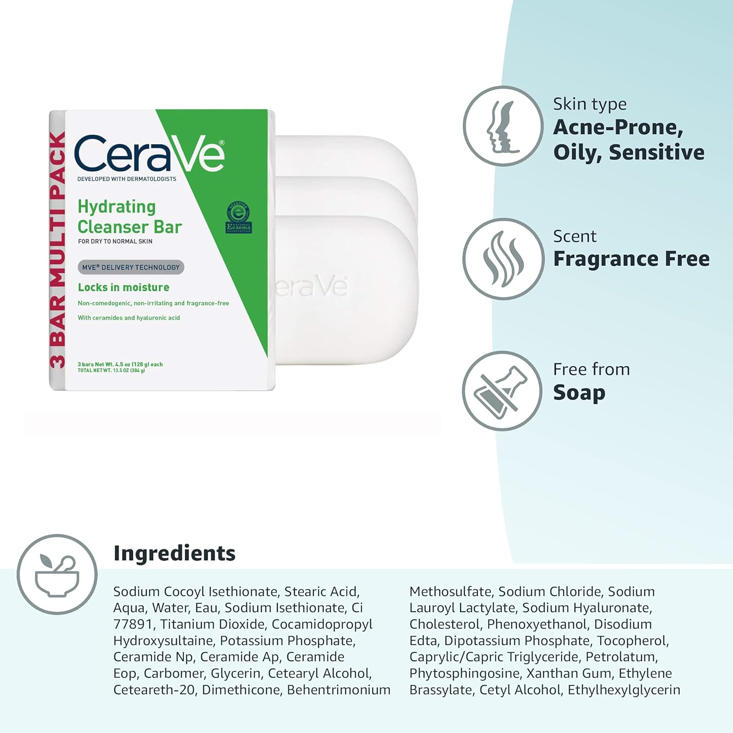 CeraVe Hydrating Cleanser Bar, Soap-Free Body and Facial Cleanser with 5% Moisturizing Cream, Fragrance-Free, 3-Pack, 4.5 Ounce Each
