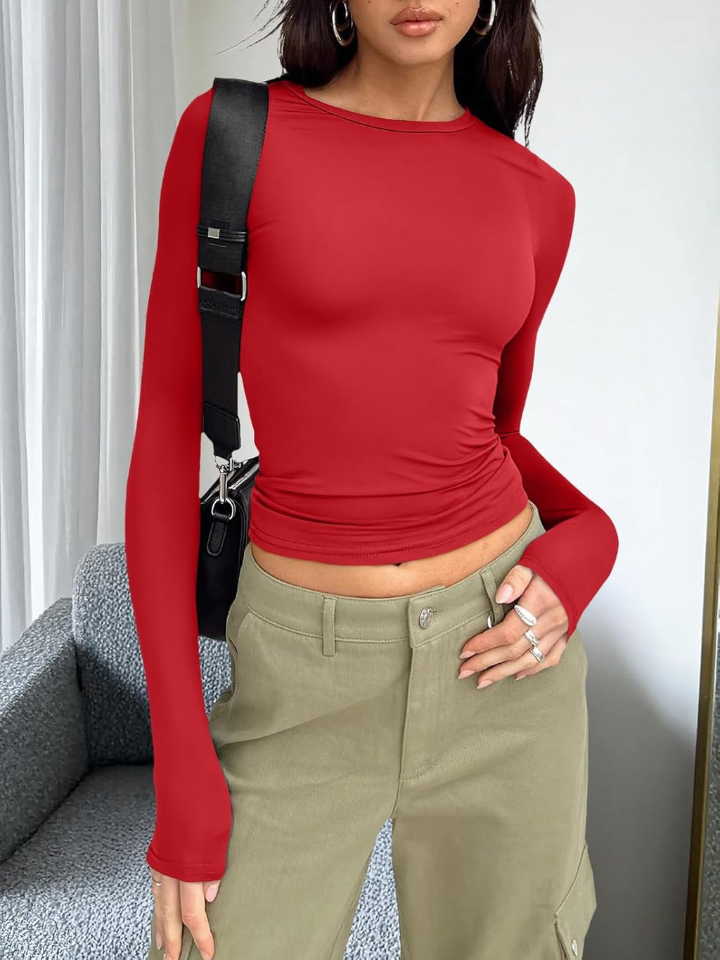 Trendy Queen Womens Long Sleeve T Shirts Fall Fashion 2025 Basic Crop Tops Going Out Outfits Y2k Clothes