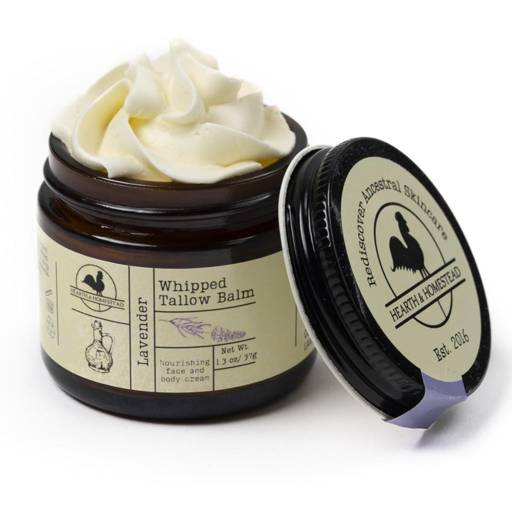 Hearth and Homestead: Handmade Whipped Tallow Balm (Unscented/Herb-Infused) - Organic Body Butter with Infused Olive Oil, for Eczema, Rosacea, Baby - 1.3 oz