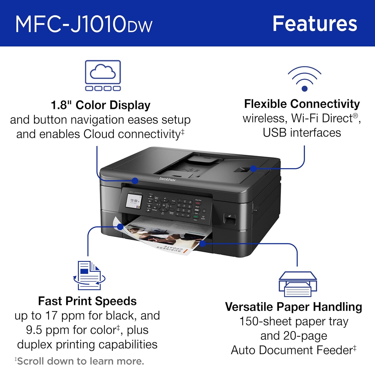 Brother Work Smart 1360 Wireless Color Inkjet All-in-One Printer with Automatic Duplex Printing and 1.8” Color Display | Includes Refresh Subscription Trial(1) (MFC-J1360DW) (Uses LC501 Series Inks)