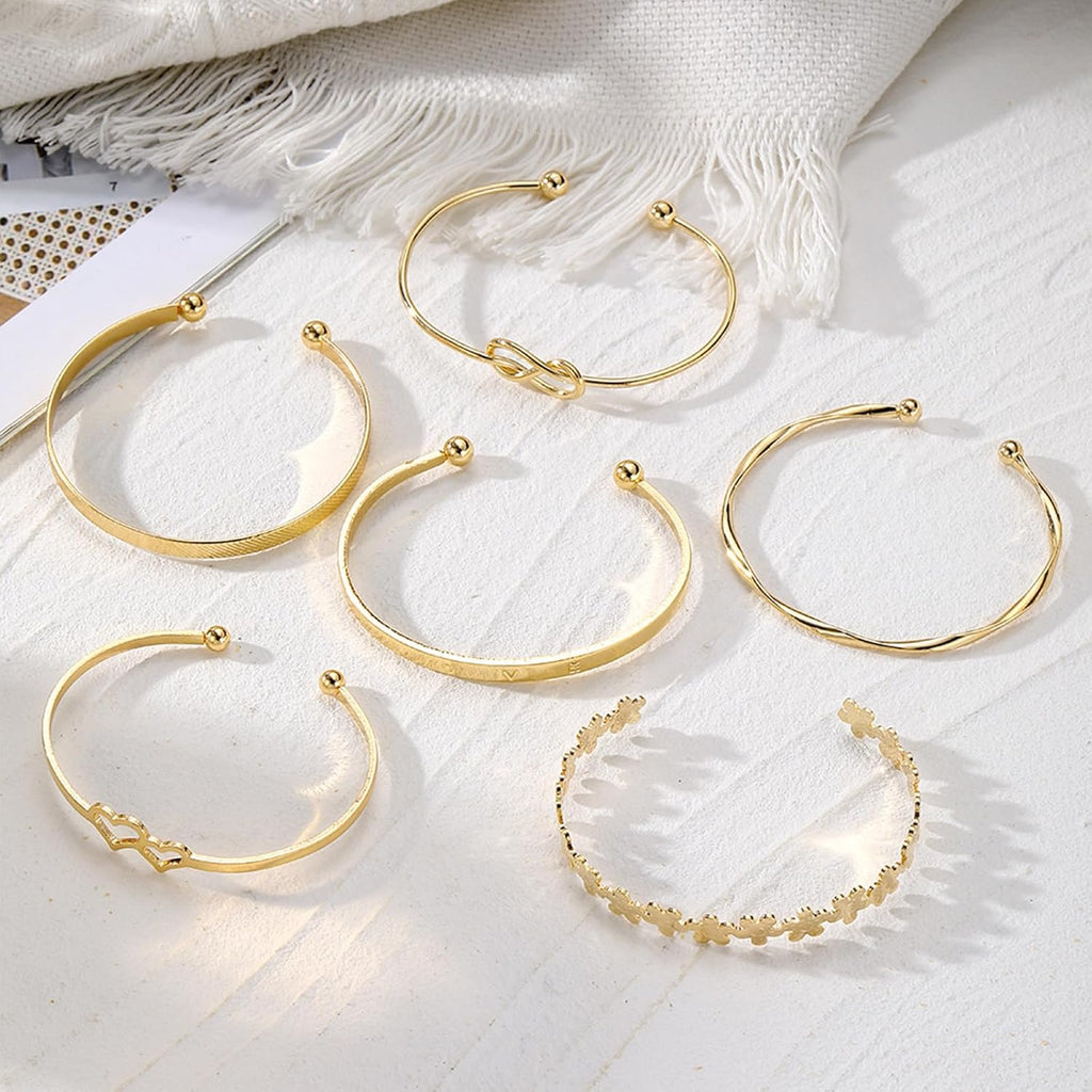 IFKM Gold Bangle Bracelets For Women, 14k Gold Plated Multi Layer Stackable Cuff Bracelet Set, Trendy Elegance Charms Non Tarnish Minimalist Textured Boho Jewelry Gift for Women