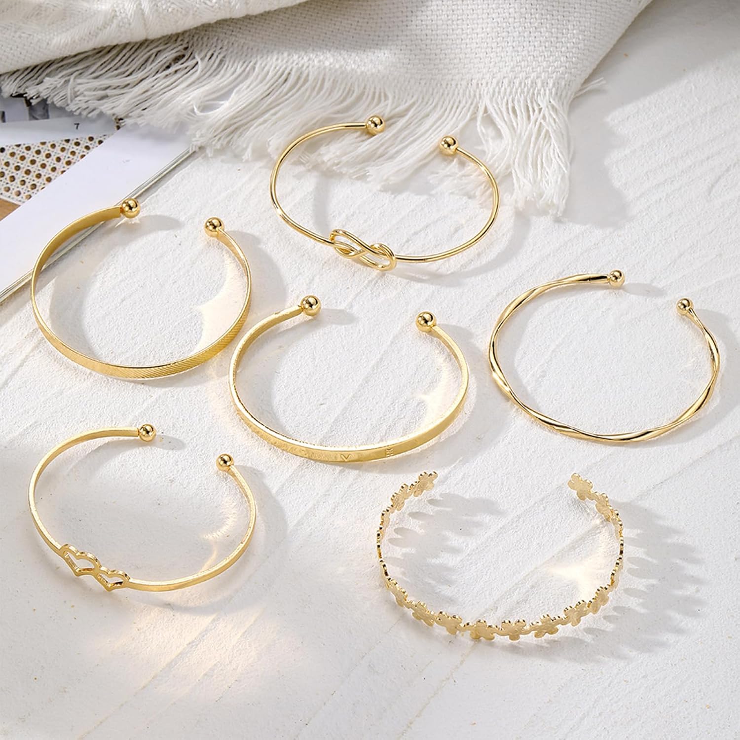 IFKM Gold Bangle Bracelets For Women, 14k Gold Plated Multi Layer Stackable Cuff Bracelet Set, Trendy Elegance Charms Non Tarnish Minimalist Textured Boho Jewelry Gift for Women