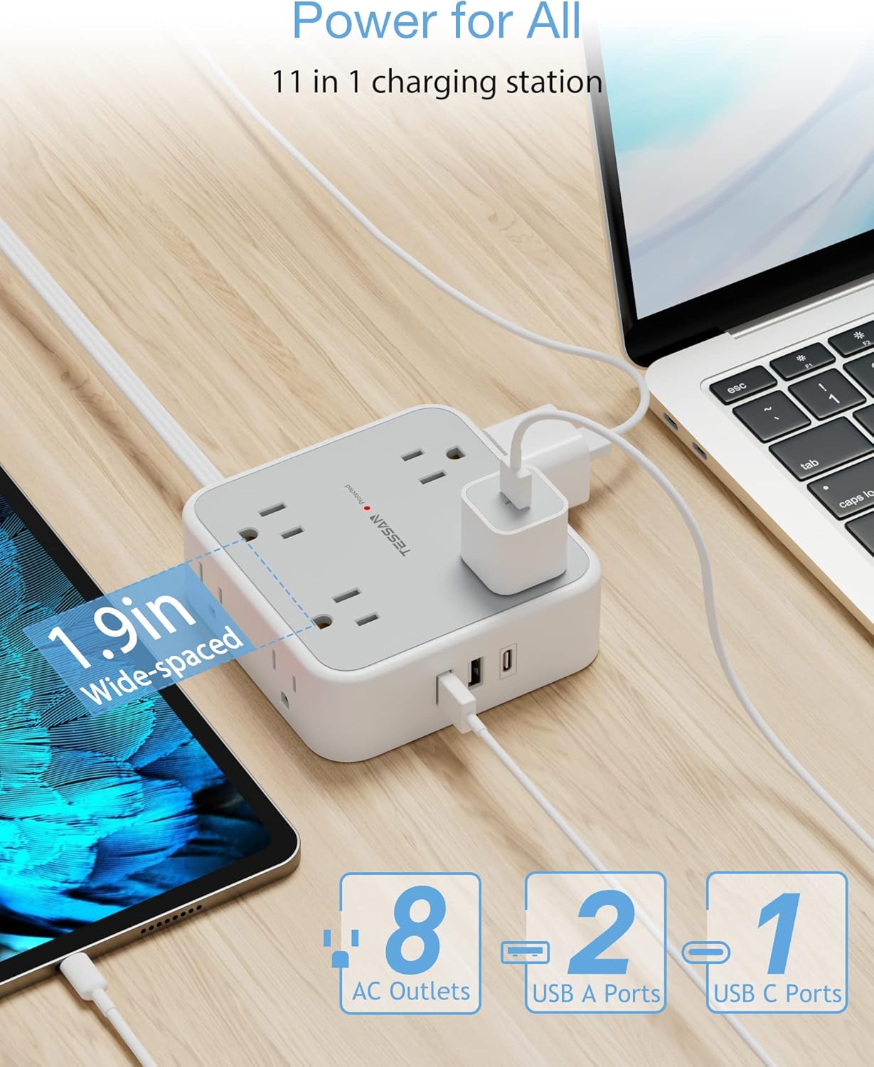 TESSAN Surge Protector Power Strip, 5 Ft Flat Plug Extension Cord with 3 USB (1 USB C) 8 Outlets, 900J Surge Protection, 3 Sided Outlet Extender with Power Switch for Office, Dorm Room Essentials