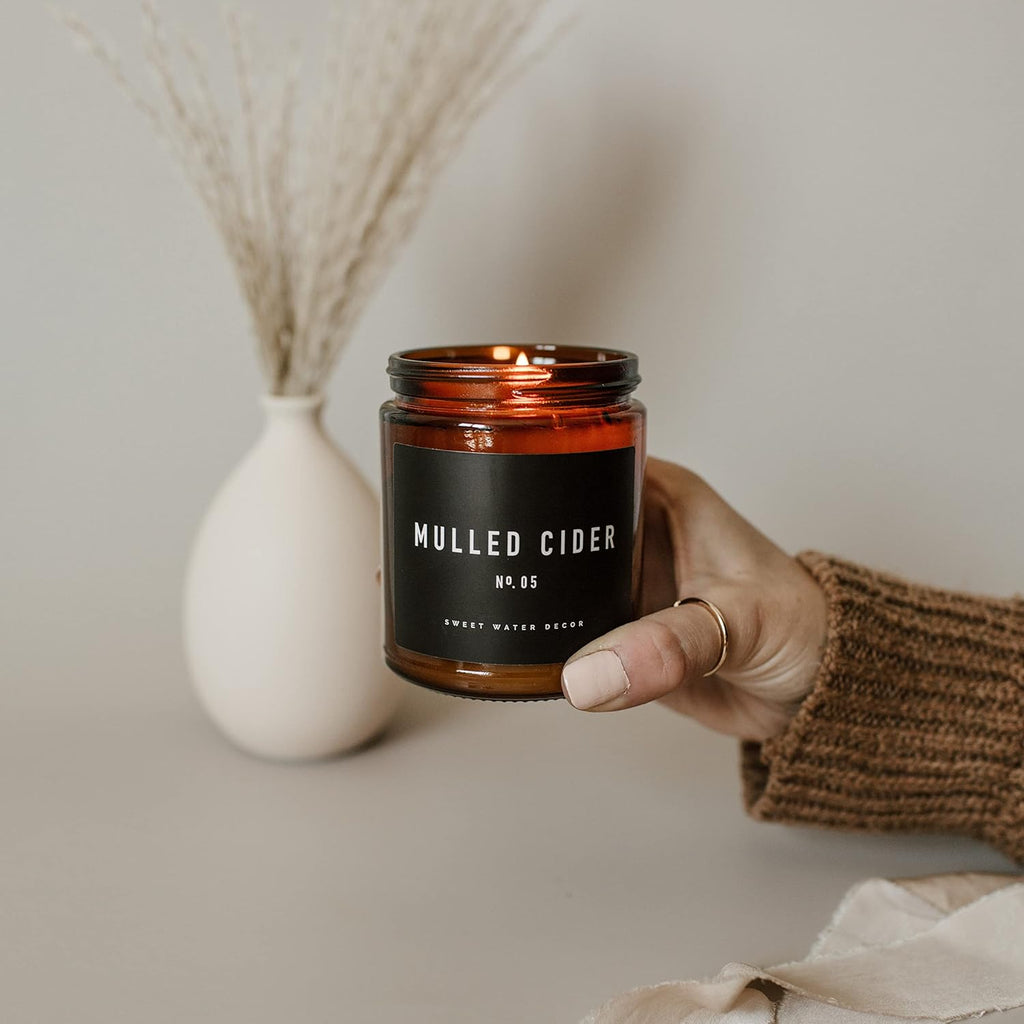 Sweet Water Decor Hello Fall Soy Candles - Fall Candle with Hot Cider, Cinnamon, Cloves, and Nutmeg Scent for Home - Soy Candle with 40 Hours Burn Time - 9Oz Black Lid Amber Jar Candles Fall Scents