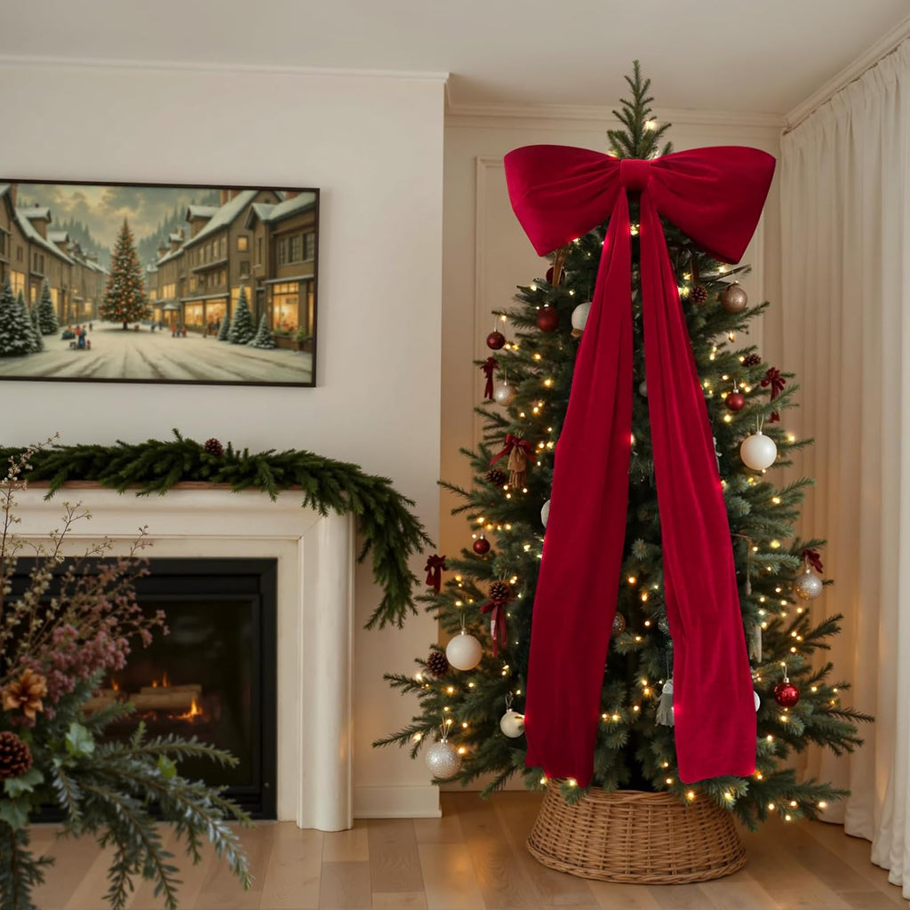 Christmas Decorations - Christmas Decor - 6 Ft Giant Bows for Christmas Tree - Big Red Velvet Bow for Tree Topper Window Wall Mantle - Indoor Home Room Party Valentines Xmas Decoration