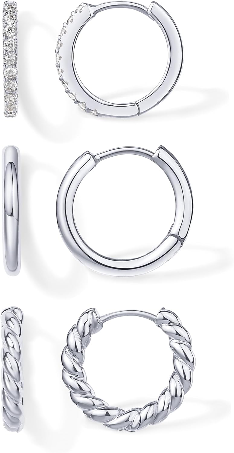 PAVOI 14K-18K Yellow Gold Plated 925 Sterling Silver Posts Three Pairs Small Hoop Earrings for Women - Statement Gold Hoop Earrings Set - Cubic Zirconia Rope Teardrop Chunky Huggie Earscape Piercings