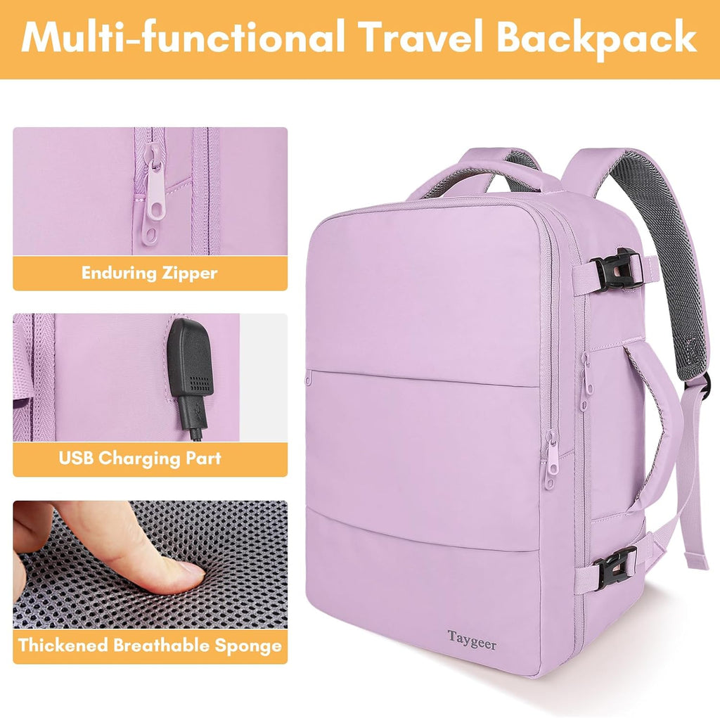 Taygeer Travel Backpack for Women, Carry On Backpack with USB Charging Port & Shoe Pouch, TSA 15.6inch Laptop Mochila Flight Approved, Nurse Bag Casual Daypack for Weekender Business Hiking, Pink