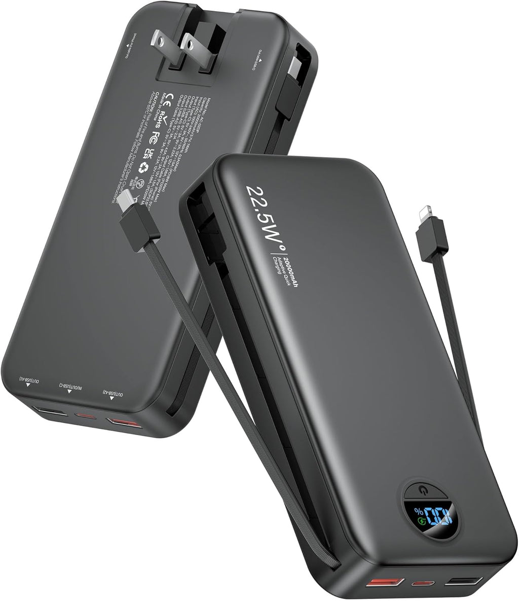 Portable Charger Power Bank, 12000mAh 22.5W USB C Fast Charging with Built-in Cables and Wall Plug, Travel Essential Battery Pack with LED Display for iPhone, iPad, Samsung Pink