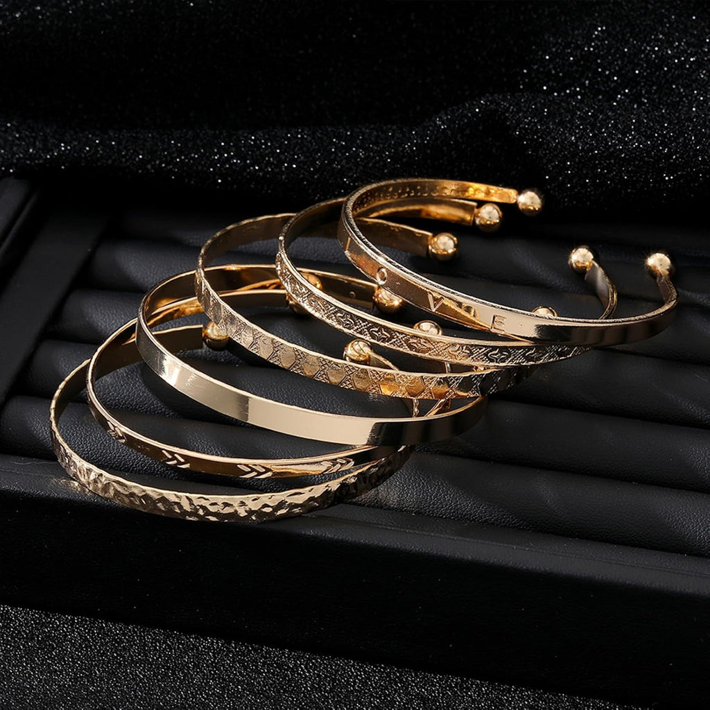 IFKM Gold Bangle Bracelets For Women, 14k Gold Plated Multi Layer Stackable Cuff Bracelet Set, Trendy Elegance Charms Non Tarnish Minimalist Textured Boho Jewelry Gift for Women