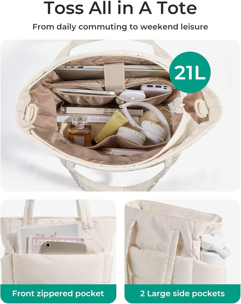 BAGSMART Tote Bag for Women, Lightweight Puffy Tote Bag with Compartments Shoulder Bag Handbag for Travel, Work, Gym