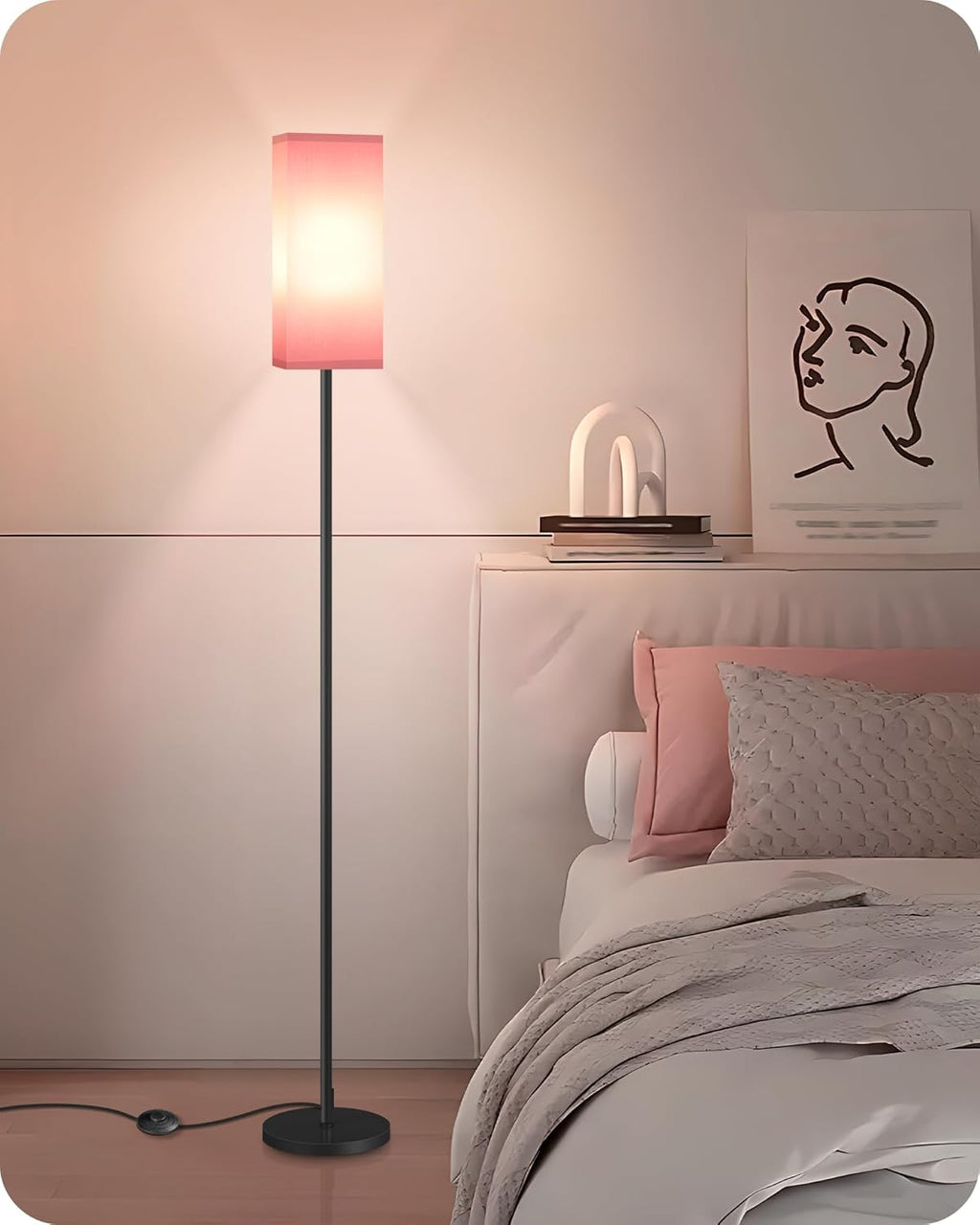 64.6" Floor Lamp, Pole with Foot Switch, Modern Standing Lamp Lampshade, Minimalist Freestanding Lamp (Bulb Not Included), for Living Room, Bedroom Office ETL Listed, Black and Beige E07LD05