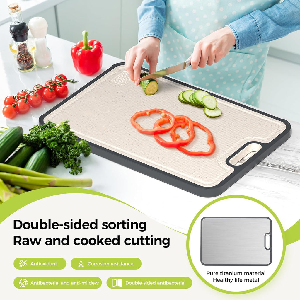 Titanium Cutting Board for Kitchen, Cutting Board Double Sided, Pure Titanium and Wheat Straw PP, Food Grade, Easy to Clean Large Size 16”×11”