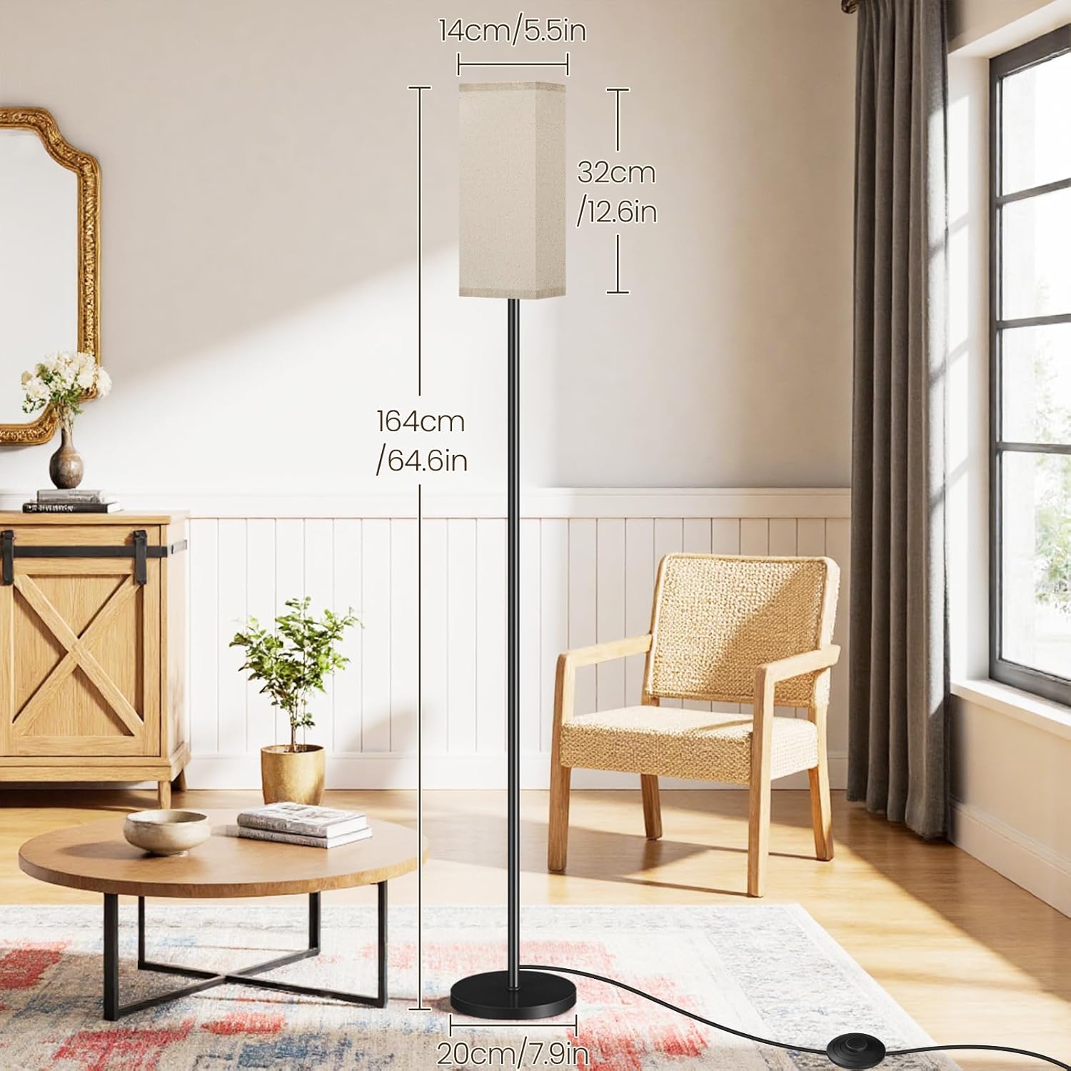 64.6" Floor Lamp, Pole with Foot Switch, Modern Standing Lamp Lampshade, Minimalist Freestanding Lamp (Bulb Not Included), for Living Room, Bedroom Office ETL Listed, Black and Beige E07LD05