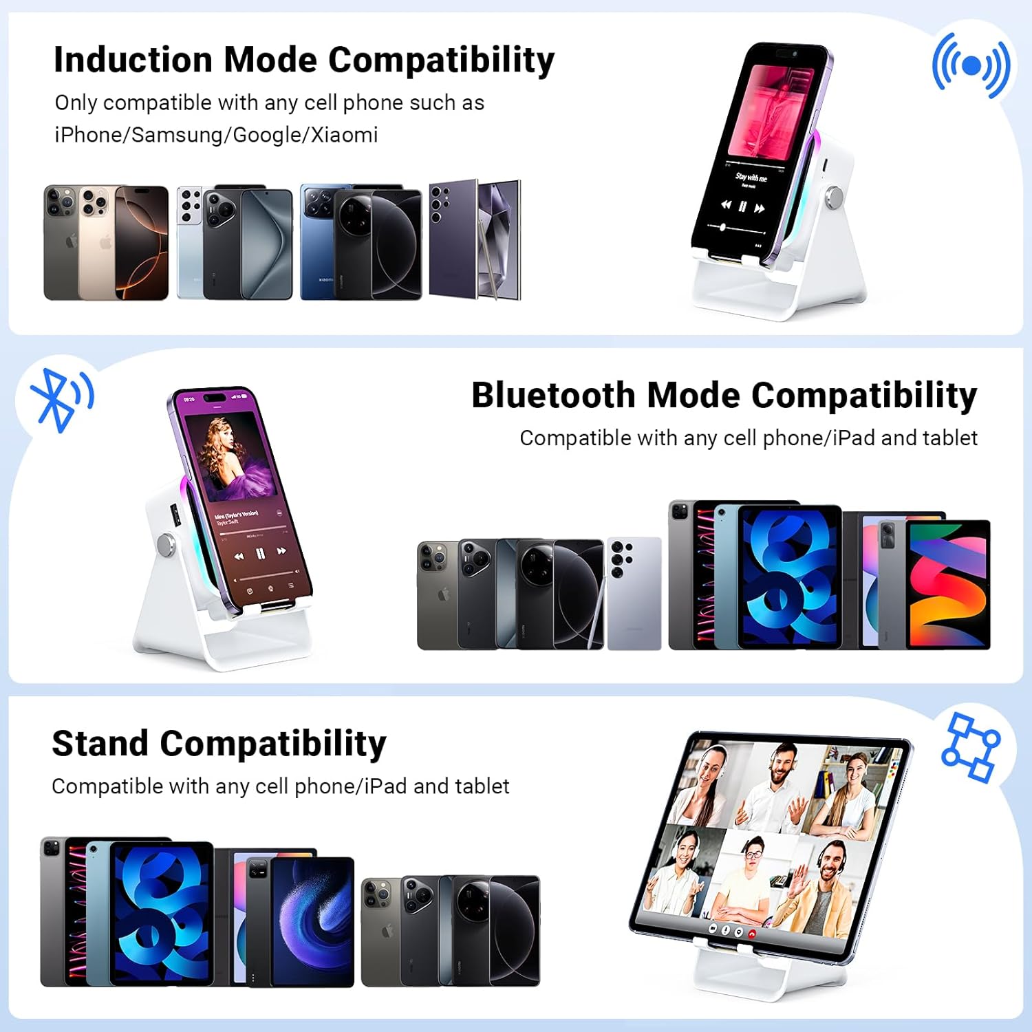 Induction Speaker with Phone Stand 5 in 1 Wireless Induction Bluetooth Audio for iPhone Android Phone Speakers Amplifier with Rechargeable Colorful Light, Birthday Gifts for Men Women Teens (Black)