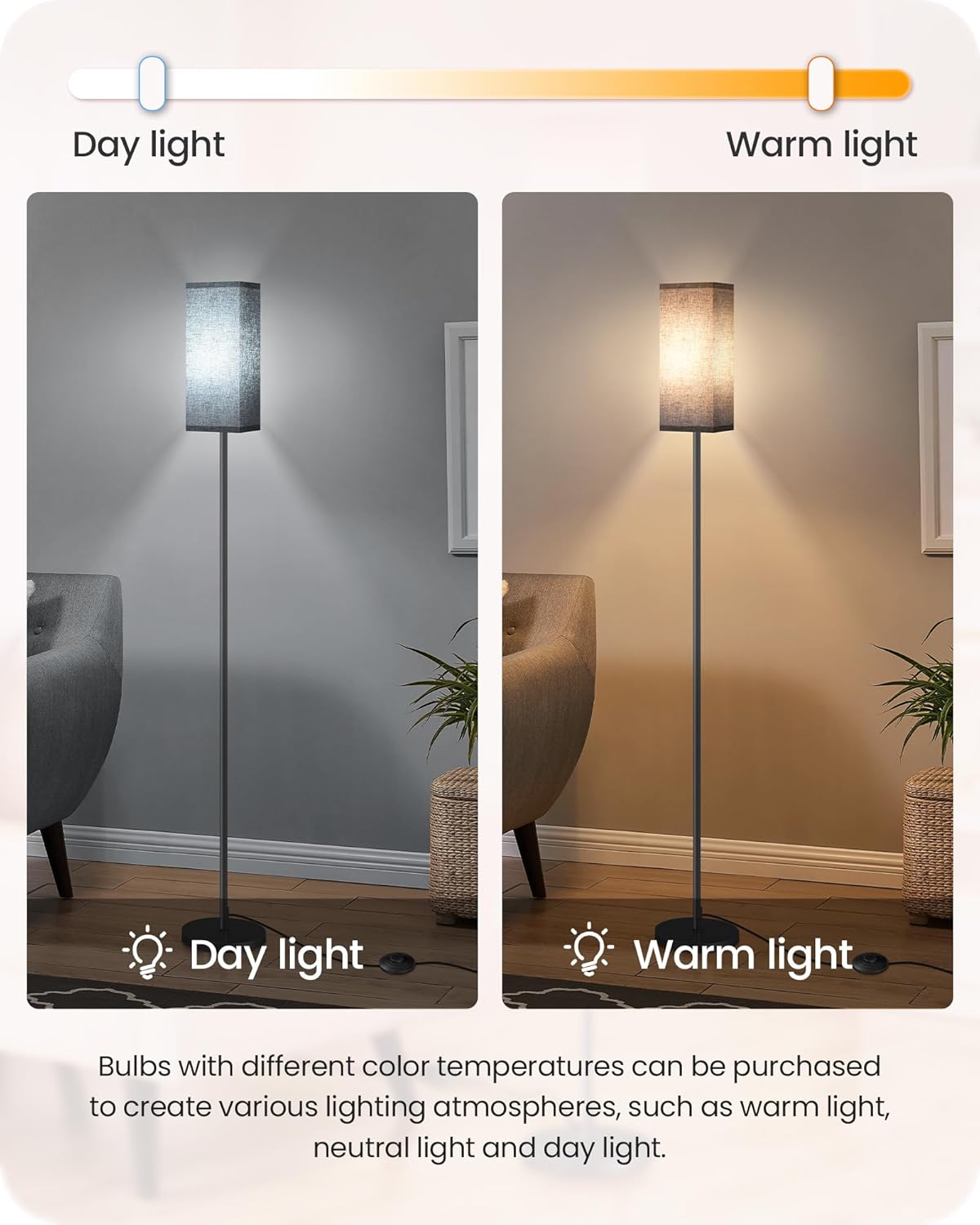 64.6" Floor Lamp, Pole with Foot Switch, Modern Standing Lamp Lampshade, Minimalist Freestanding Lamp (Bulb Not Included), for Living Room, Bedroom Office ETL Listed, Black and Beige E07LD05