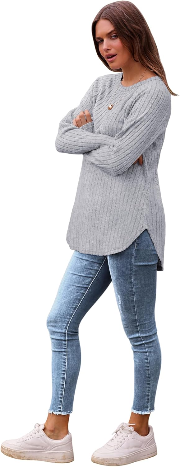 Saloogoe Long Sleeve Shirts for Women 2025 Fall Clothes Tunic Tops Loose Fit Dressy Crewneck Pullover Sweaters Curved Hem