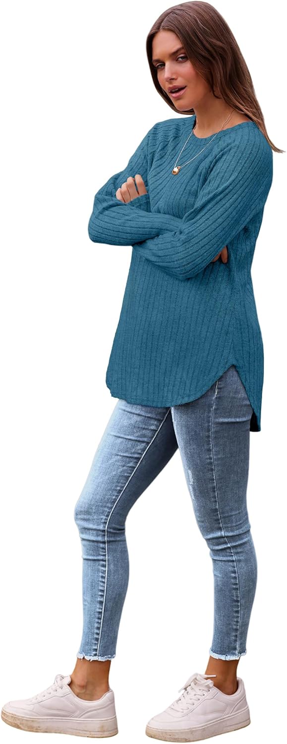 Saloogoe Long Sleeve Shirts for Women 2025 Fall Clothes Tunic Tops Loose Fit Dressy Crewneck Pullover Sweaters Curved Hem