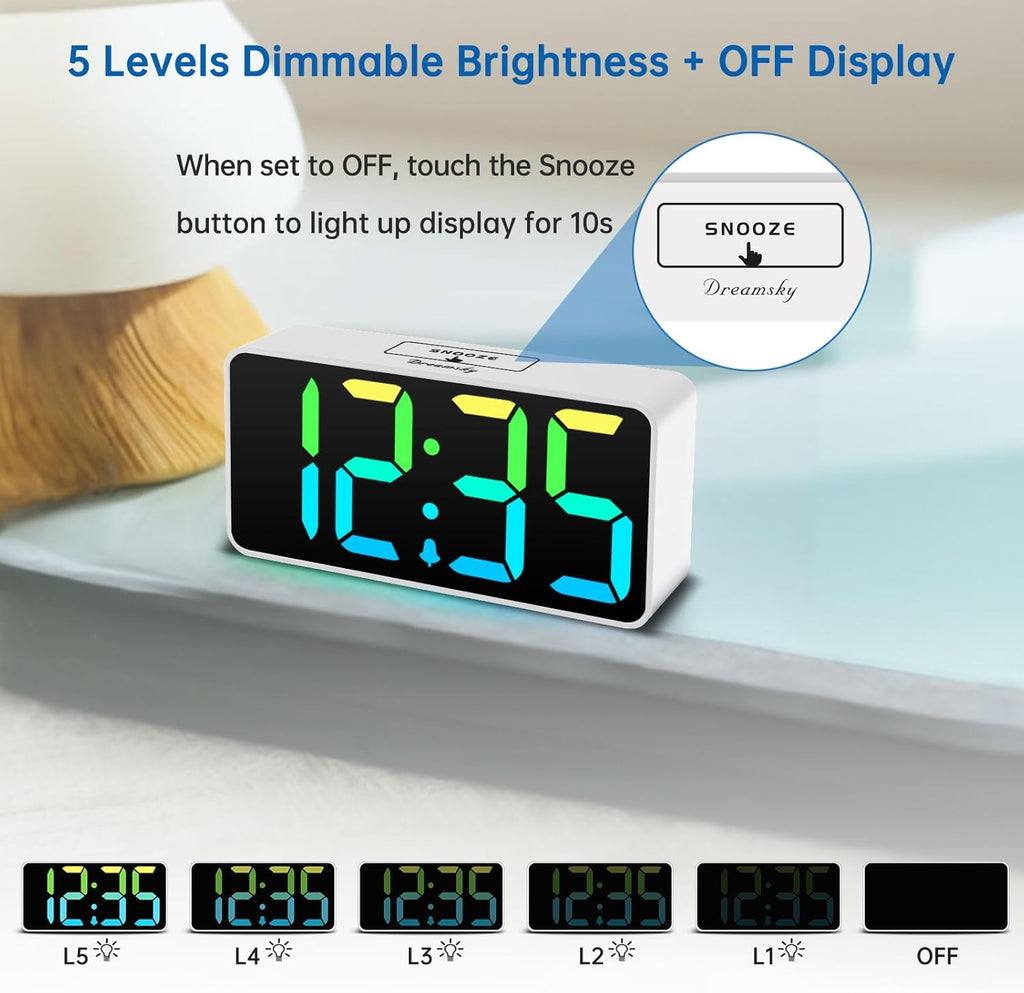 DreamSky Small Digital Alarm Clock for Bederoom, Large Big Numbers Display with Dimmer for Living Room, Electric Bedside Desk Clock with USB Charging Port, Adjustable Volume, USB-C Adapter Powered