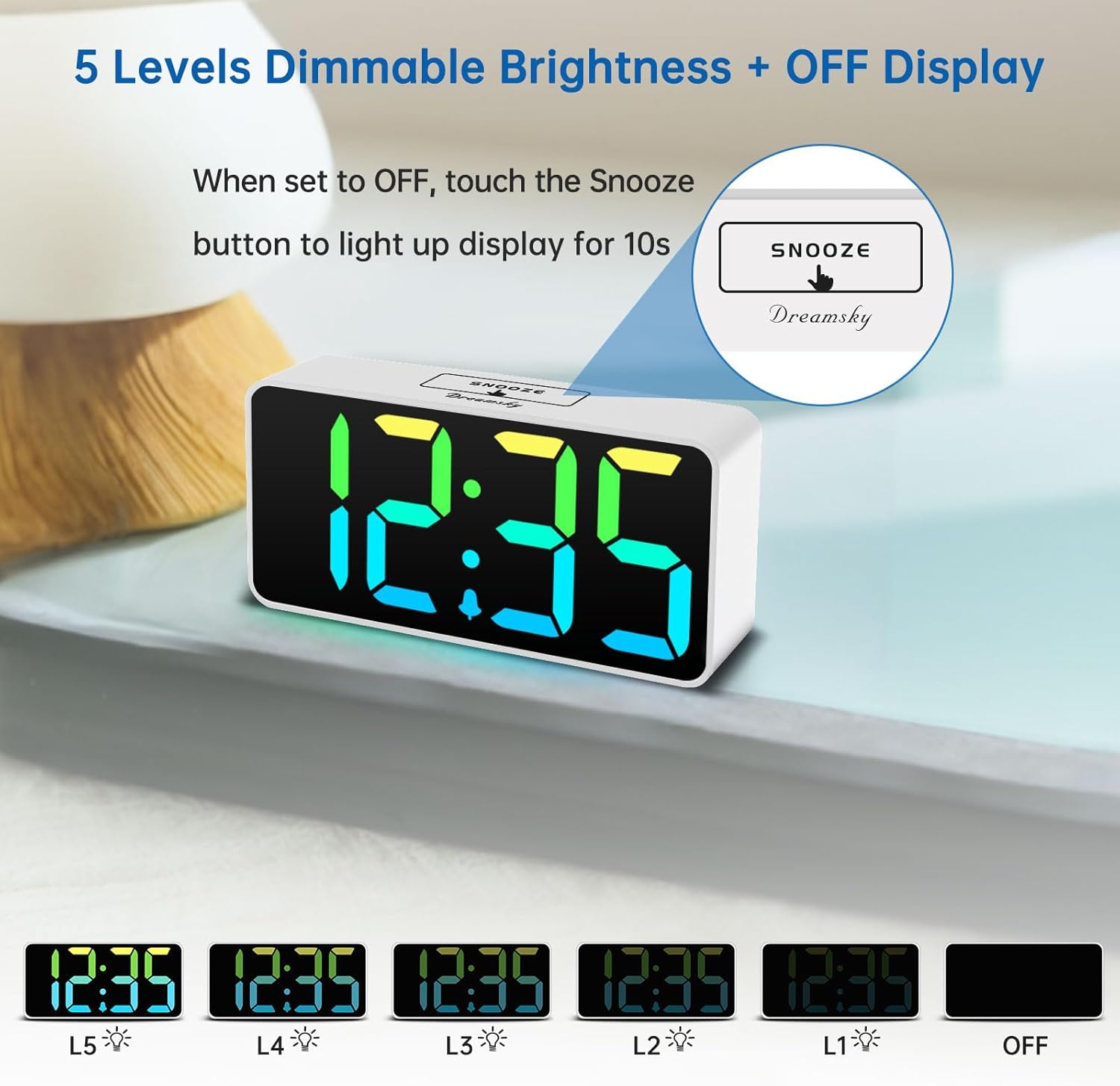 DreamSky Small Digital Alarm Clock for Bederoom, Large Big Numbers Display with Dimmer for Living Room, Electric Bedside Desk Clock with USB Charging Port, Adjustable Volume, USB-C Adapter Powered