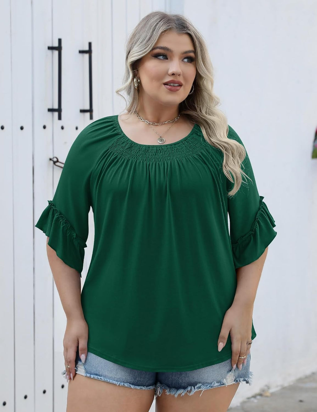 Micoson Womens Plus Size Tops 3/4 Ruffle Sleeve Shirts Crewneck Pleated Blouses Dressy Casual Fashion Tunic Top (1X-5X)