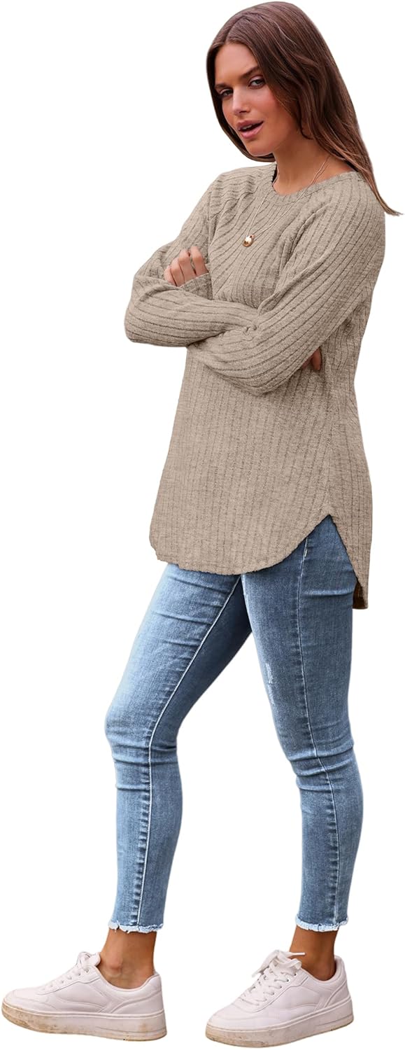 Saloogoe Long Sleeve Shirts for Women 2025 Fall Clothes Tunic Tops Loose Fit Dressy Crewneck Pullover Sweaters Curved Hem