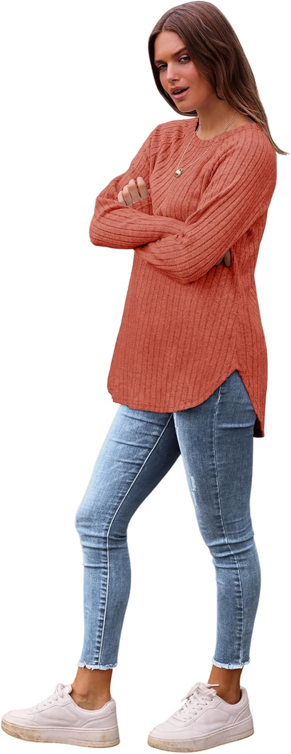 Saloogoe Long Sleeve Shirts for Women 2025 Fall Clothes Tunic Tops Loose Fit Dressy Crewneck Pullover Sweaters Curved Hem