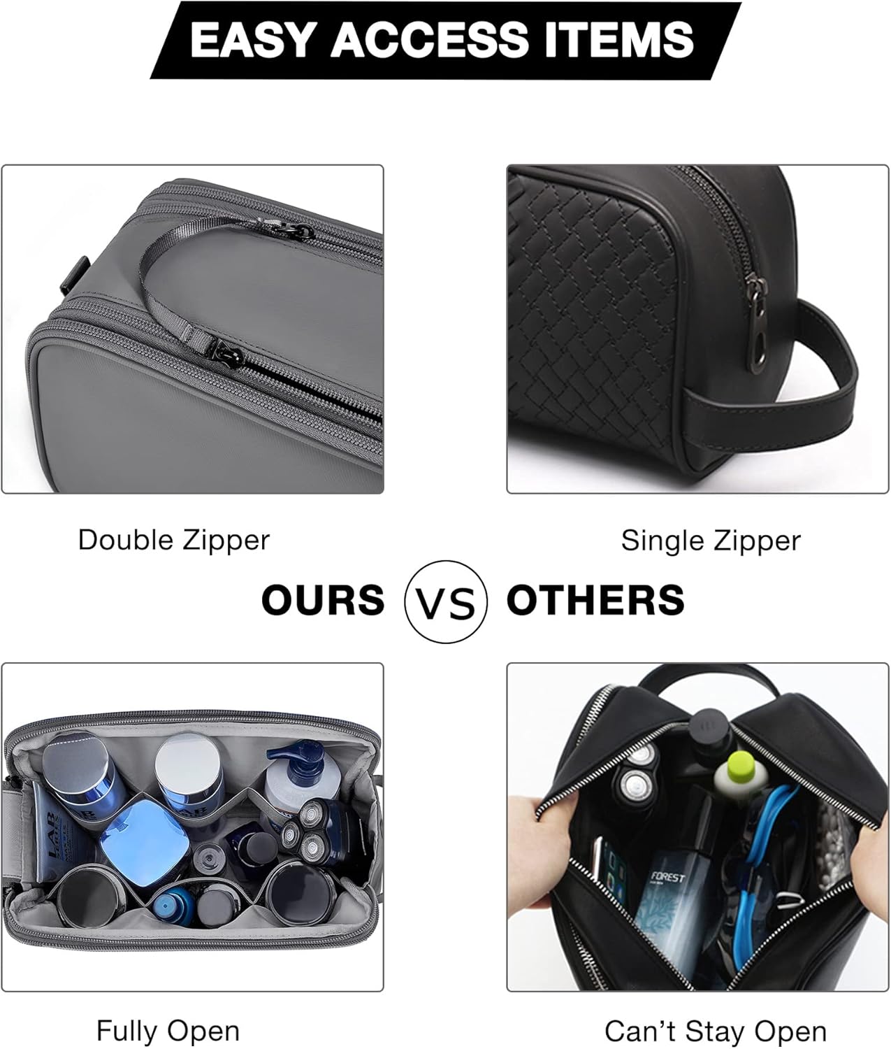 BAGSMART Toiletry Bag for Men, Travel Toiletry Organizer Dopp Kit Water-resistant Shaving Bag for Toiletries Accessories, Door Room Essentials, Black-medium