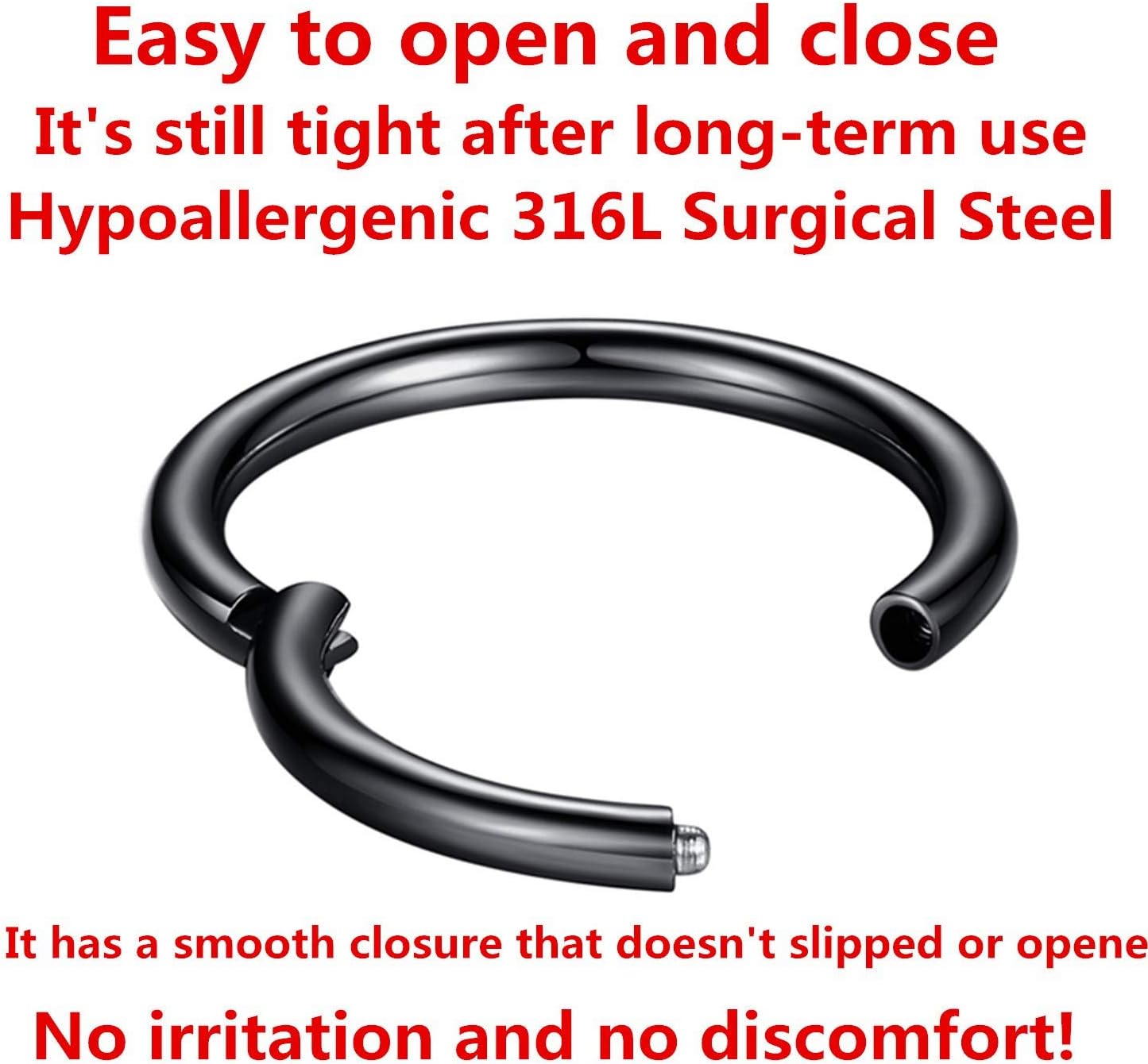 ORANGELOVE Hypoallergenic Nose Rings 20G 18G 16G 14G 12G 10G 8G 316l Surgical Steel Septum Jewelry Hinged Segment Ring Body Piercing Nose Hoop Lip Rings Nose Helix Cartilage Rook Earrings