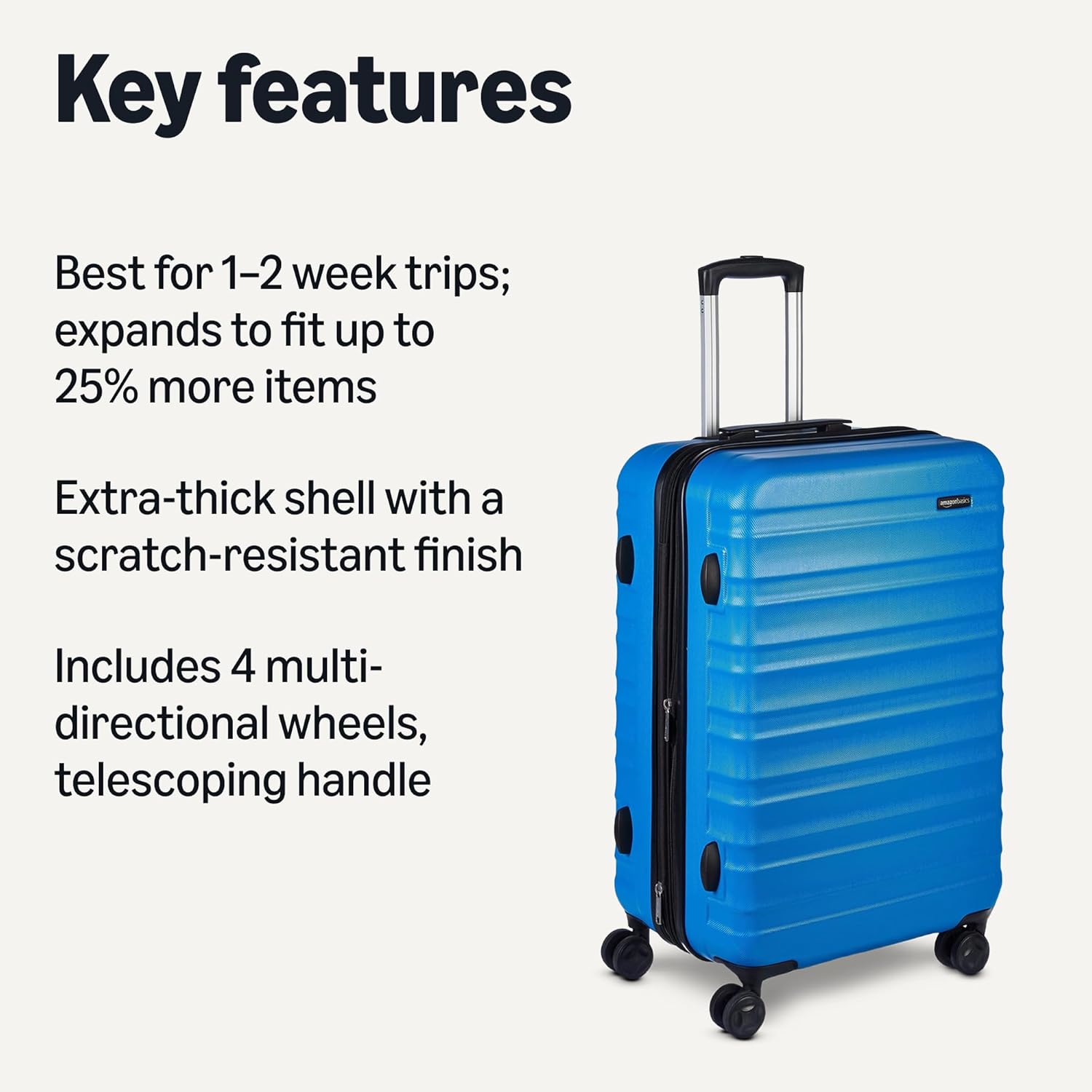 Basics 21" Hardside Carry-On Luggage, Hardshell Suitcase With Wheels, Expandable For Up to 25% More Space, With Scratch-Resistant Surface, Four Multi-directional Wheels, Black