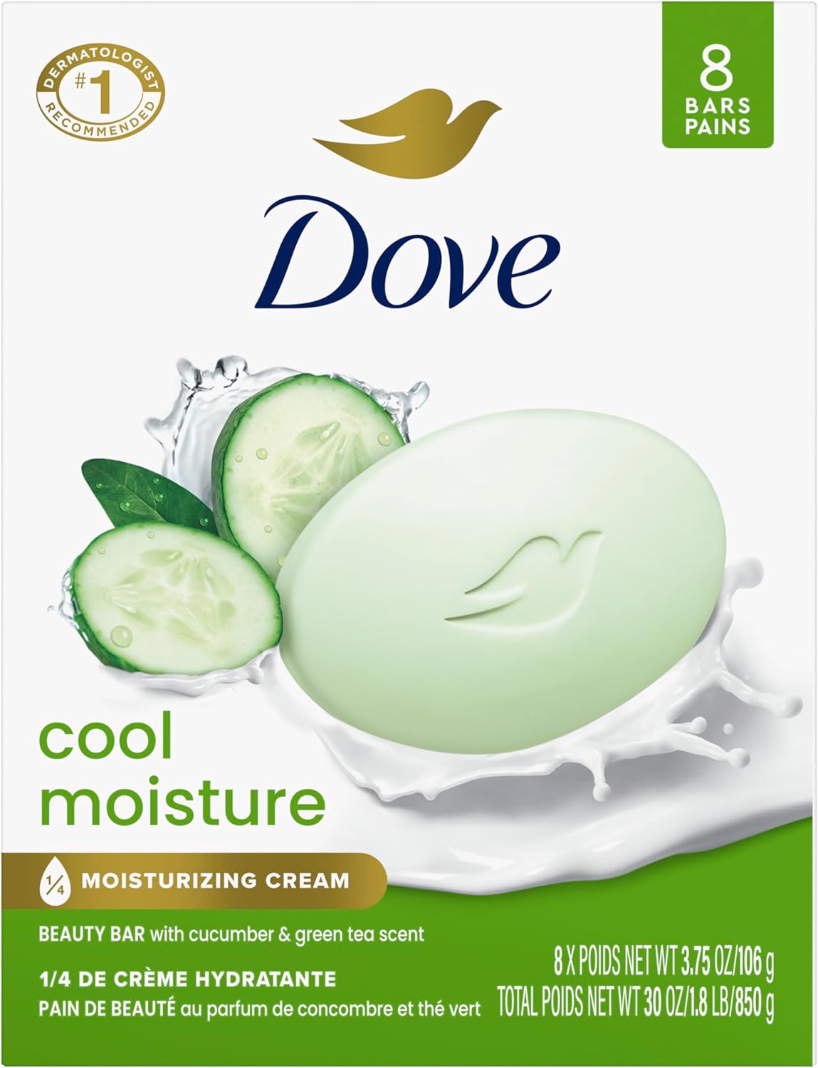Dove Beauty Bar Soap Cool Moisture Cucumber & Green Tea Scent, 8 Bars for Refreshed Skin, Leaves Skin Refreshed 3.75 oz