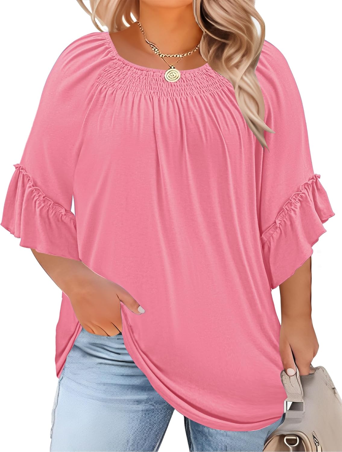 Micoson Womens Plus Size Tops 3/4 Ruffle Sleeve Shirts Crewneck Pleated Blouses Dressy Casual Fashion Tunic Top (1X-5X)