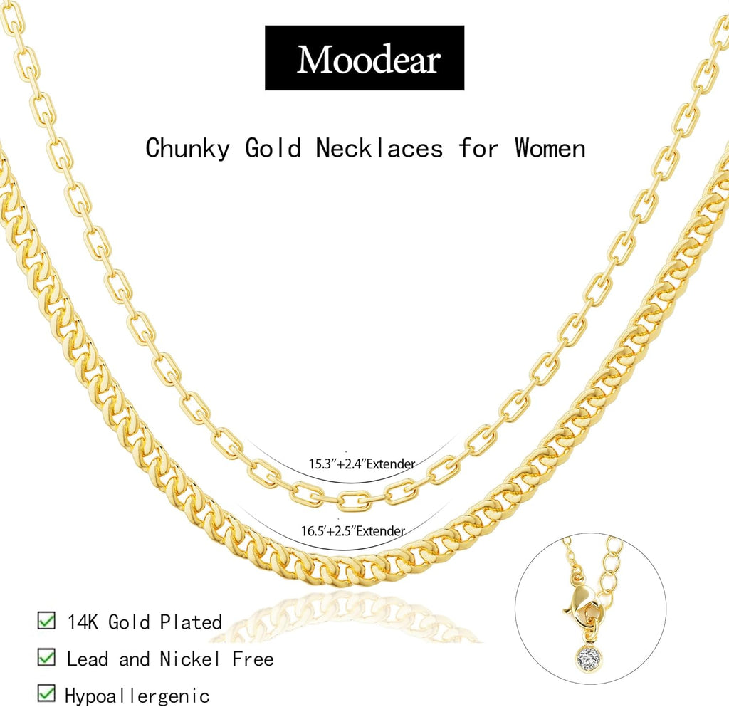 Moodear Gold Necklace for Women Dainty Chunky 14K Gold Plated/Sliver Plated Chain Necklace Cuban Link Paperclip Chain Choker Toggle Clasp Layered Necklace for Women Trendy Fashion Gift