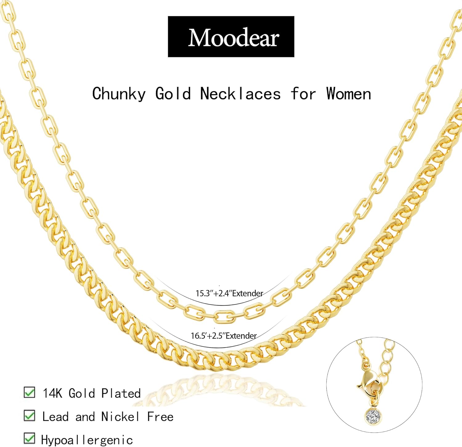 Moodear Gold Necklace for Women Dainty Chunky 14K Gold Plated/Sliver Plated Chain Necklace Cuban Link Paperclip Chain Choker Toggle Clasp Layered Necklace for Women Trendy Fashion Gift