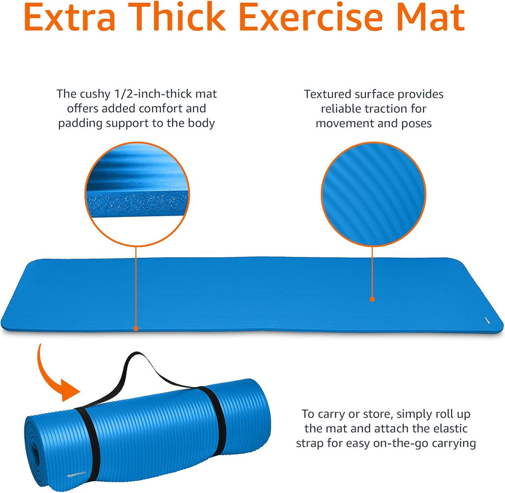 Basics 1/2 Inch Extra Thick Exercise Yoga Mat with Carrying Strap, Cushioned Support, for Fitness and Gym Workouts