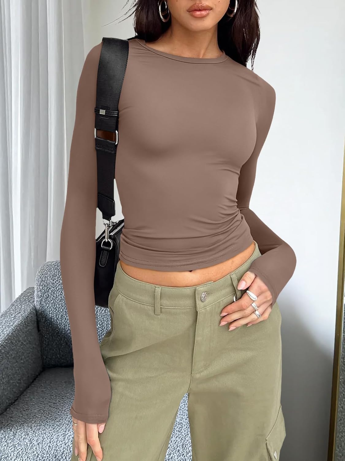 Trendy Queen Womens Long Sleeve T Shirts Fall Fashion 2025 Basic Crop Tops Going Out Outfits Y2k Clothes