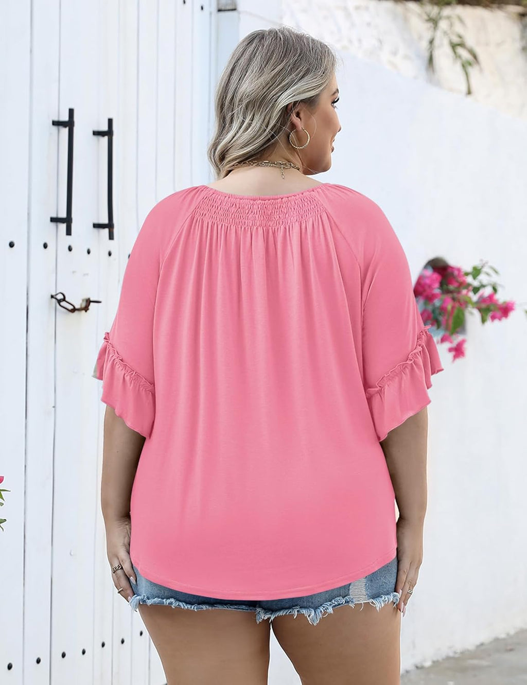 Micoson Womens Plus Size Tops 3/4 Ruffle Sleeve Shirts Crewneck Pleated Blouses Dressy Casual Fashion Tunic Top (1X-5X)