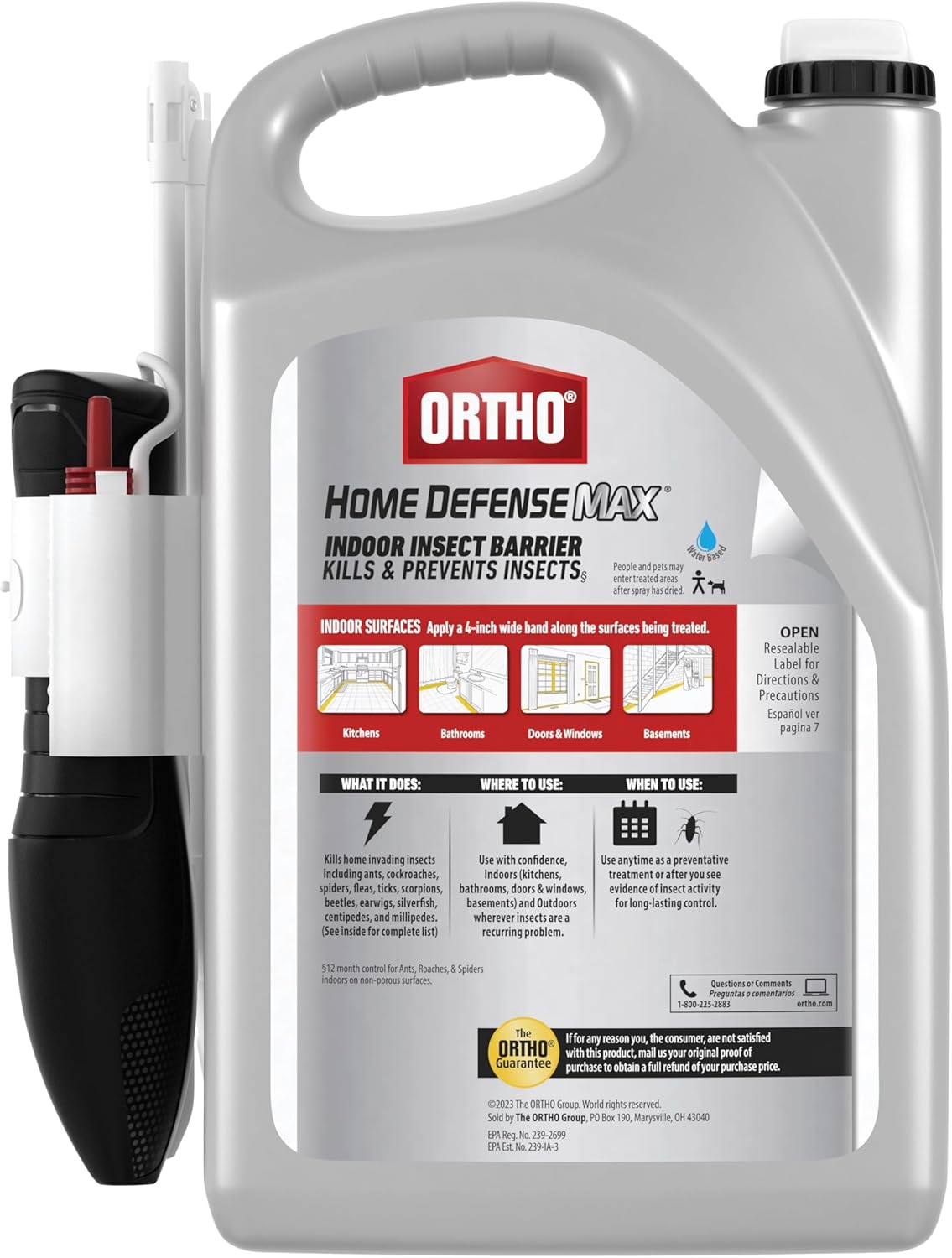 Ortho Home Defense Max Indoor Insect Barrier with Extended Reach Comfort Wand, Kills Ants, Roaches, Spiders, Fleas and Ticks, 1 gal.