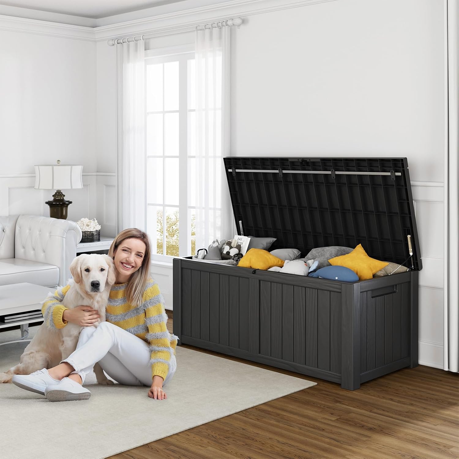 80 Gallon Resin Deck Box, Lockable Patio Outdoor Storage Box for Furniture, Garden Tools and Tools Storage, Waterproof Outside Storage Box - Black