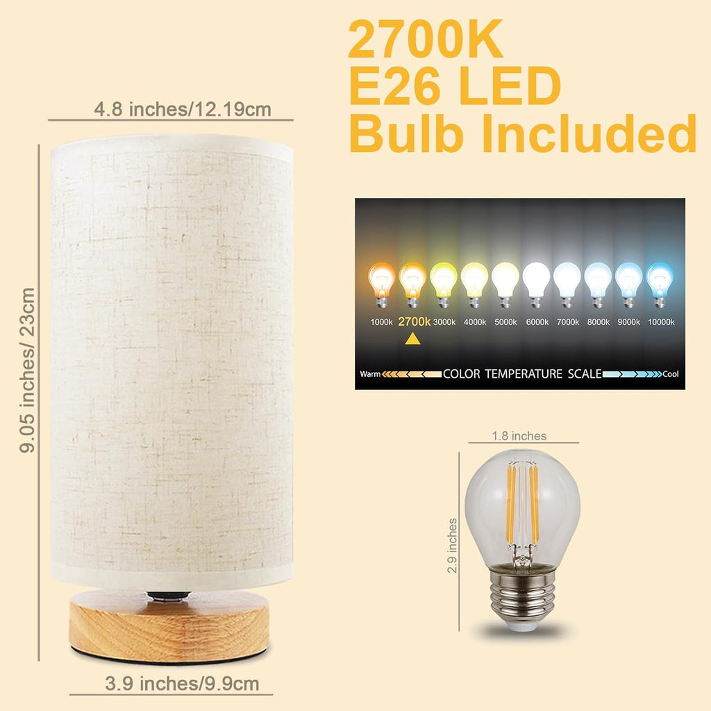 Small Bedside Table Lamp for Bedroom, Minimalist Wood Base & Round Fabric Shade, Mini Cute Cozy Warm White Nightstand Boho Lamp, Study Desk Night Stand Light for Room, Dorm, Nursery, Living Room